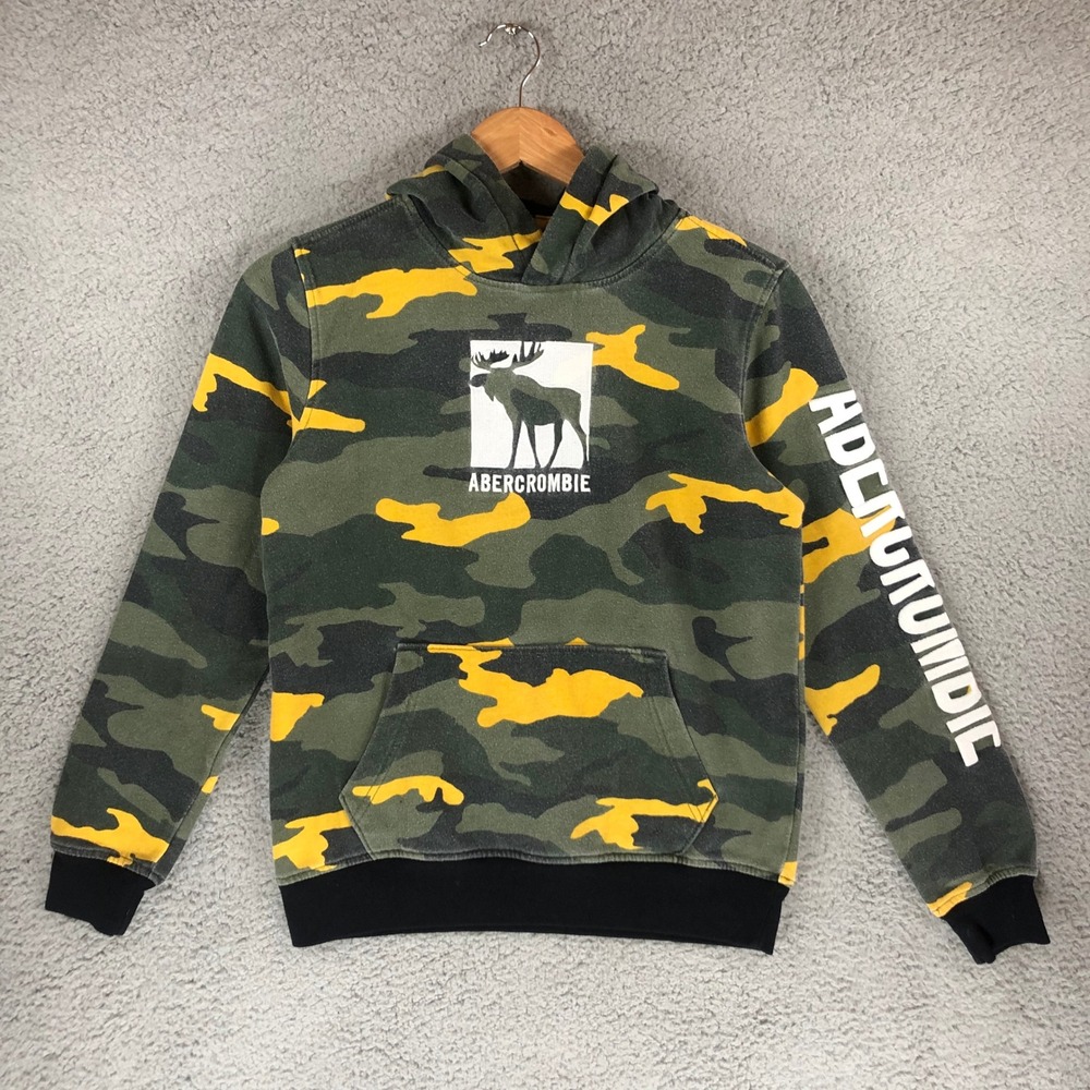 Abercrombie & Fitch Camo Moose Graphic Hoodie Green Yellow Pullover Large Logo